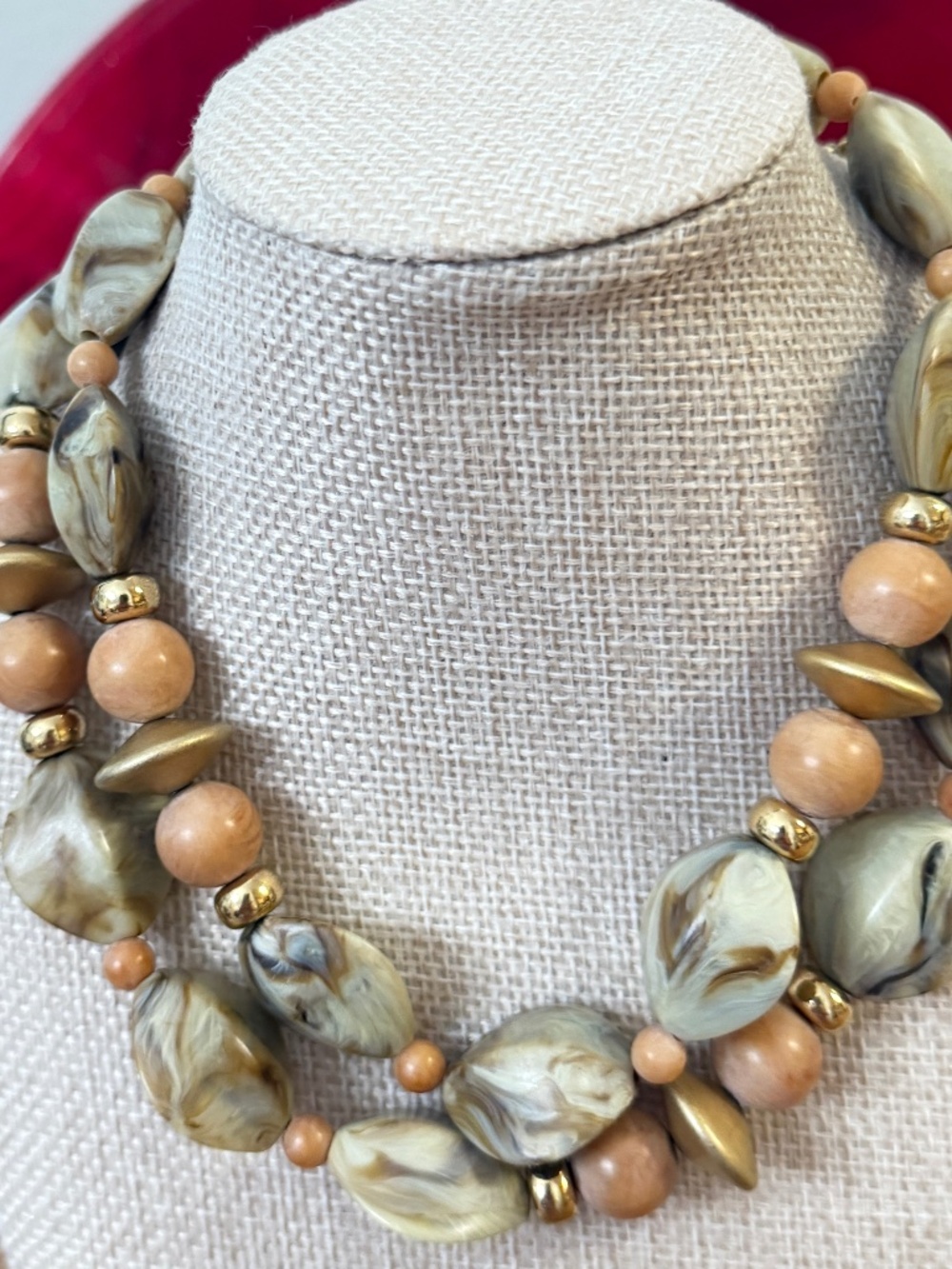 Vintage Napier Chunky Beads Necklace Marbled Earth Tones Cream Brown Gold - Picture 11 of 11